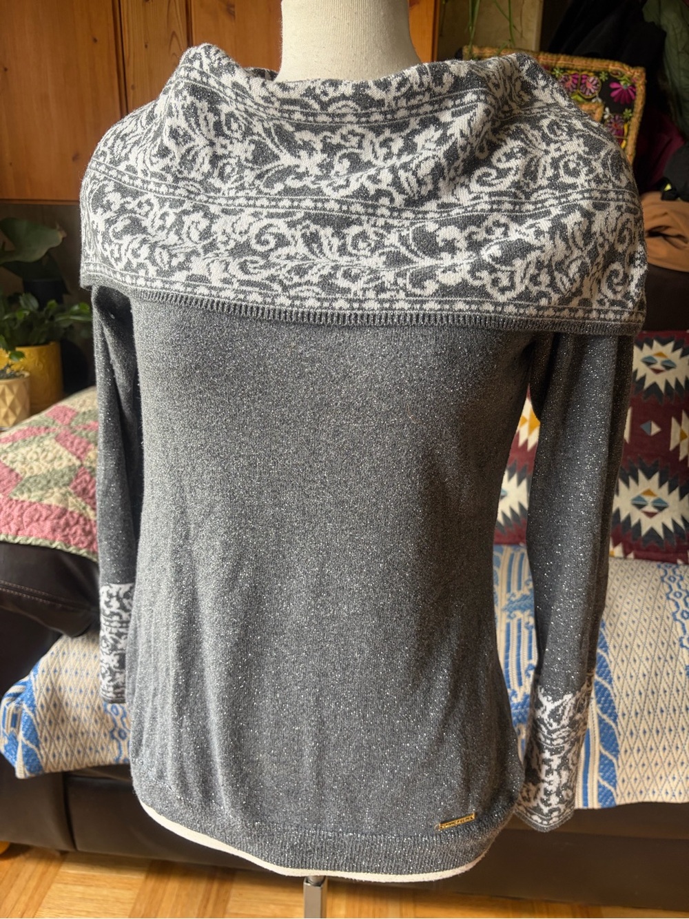 Anne Klein Fair Isle Gray & White Off-Shoulder Cowl Neck Metallic Knit Sweater